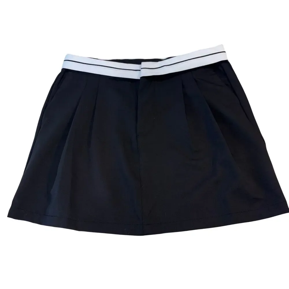 HYFVE Black Pleated Preppy Skort Size L Foldover Striped Waist Mini Skirt Pocket